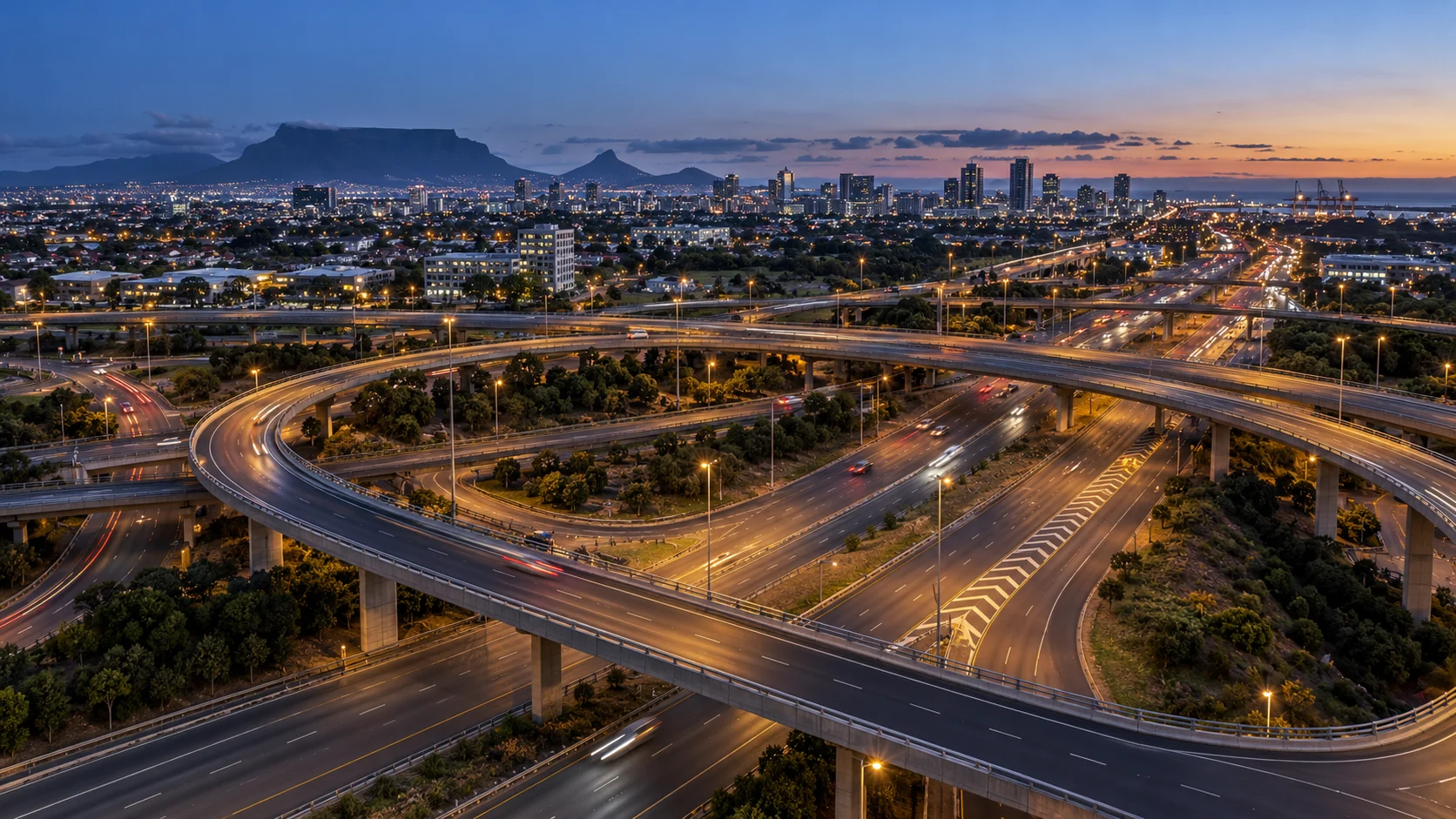 Illustrative connected urban road network at dusk