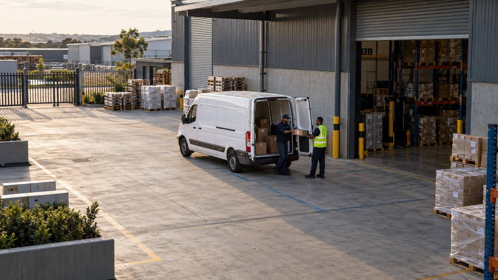 Illustrative delivery handover viewed from an elevated camera